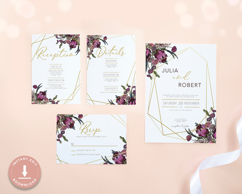 Boho Flowers - Invite, RSVP, Details & Reception Card Self Editing Template