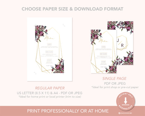 Boho Flowers - Menu Card Self Editing Template