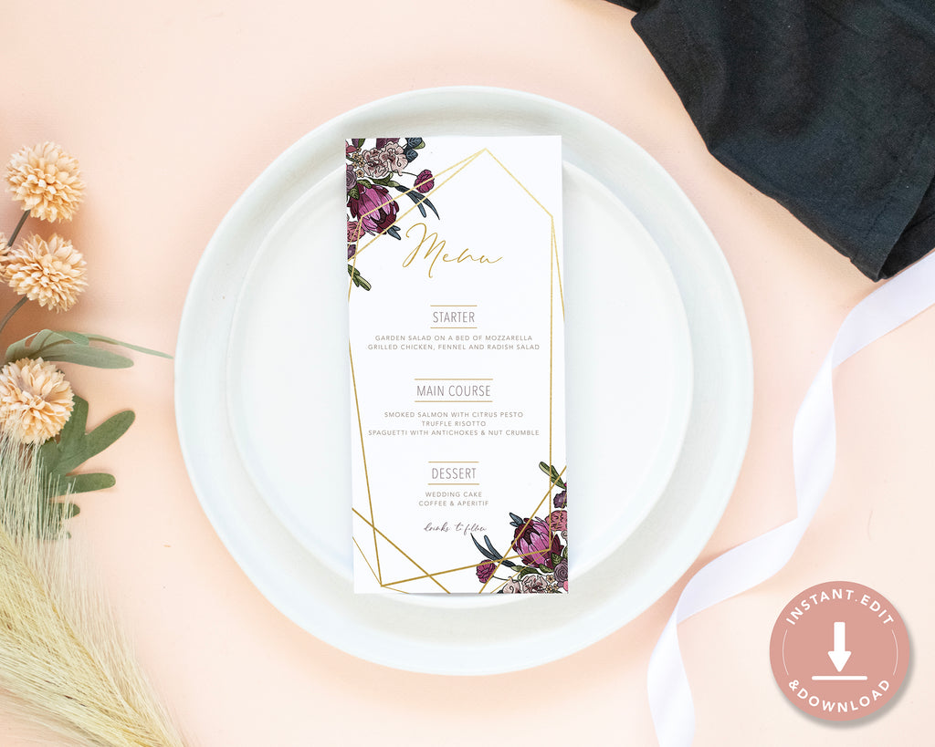 Boho Flowers - Menu Card Self Editing Template