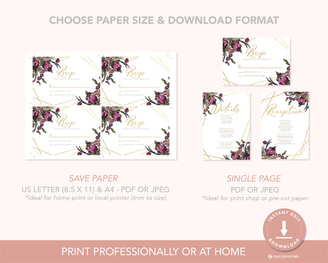 Boho Flowers - Invite, RSVP, Details & Reception Card Self Editing Template