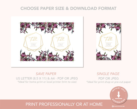 Boho Flowers - Table Number Card Self Editing Template