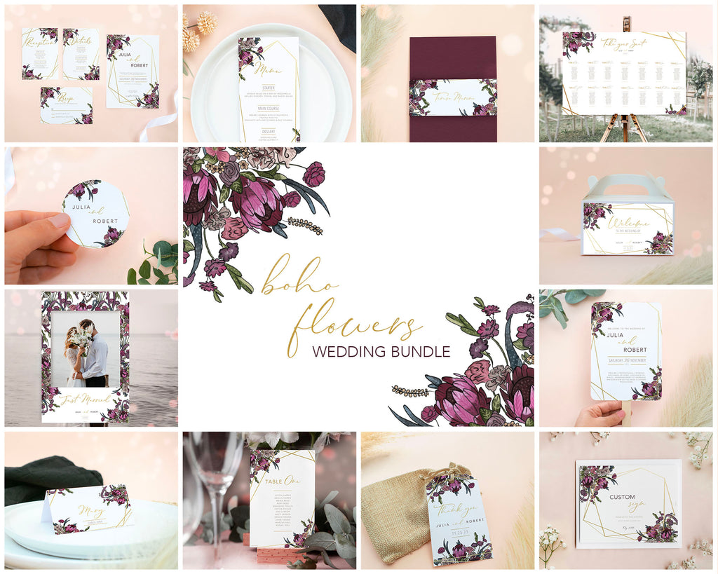 Boho Flowers - Wedding Bundle Self Editing Templates