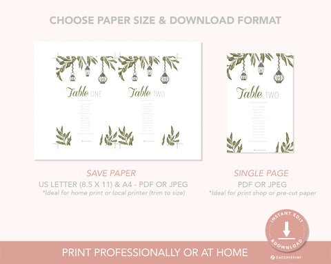 Greenery - Hanging Seating Chart Self Editing Template