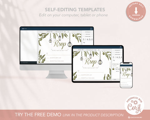 Greenery - Invite, RSVP, Details & Reception Card Self Editing Template