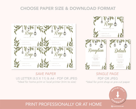 Greenery - Invite, RSVP, Details & Reception Card Self Editing Template