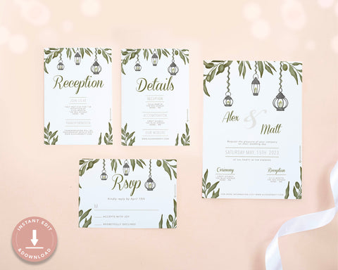 Greenery - Invite, RSVP, Details & Reception Card Self Editing Template